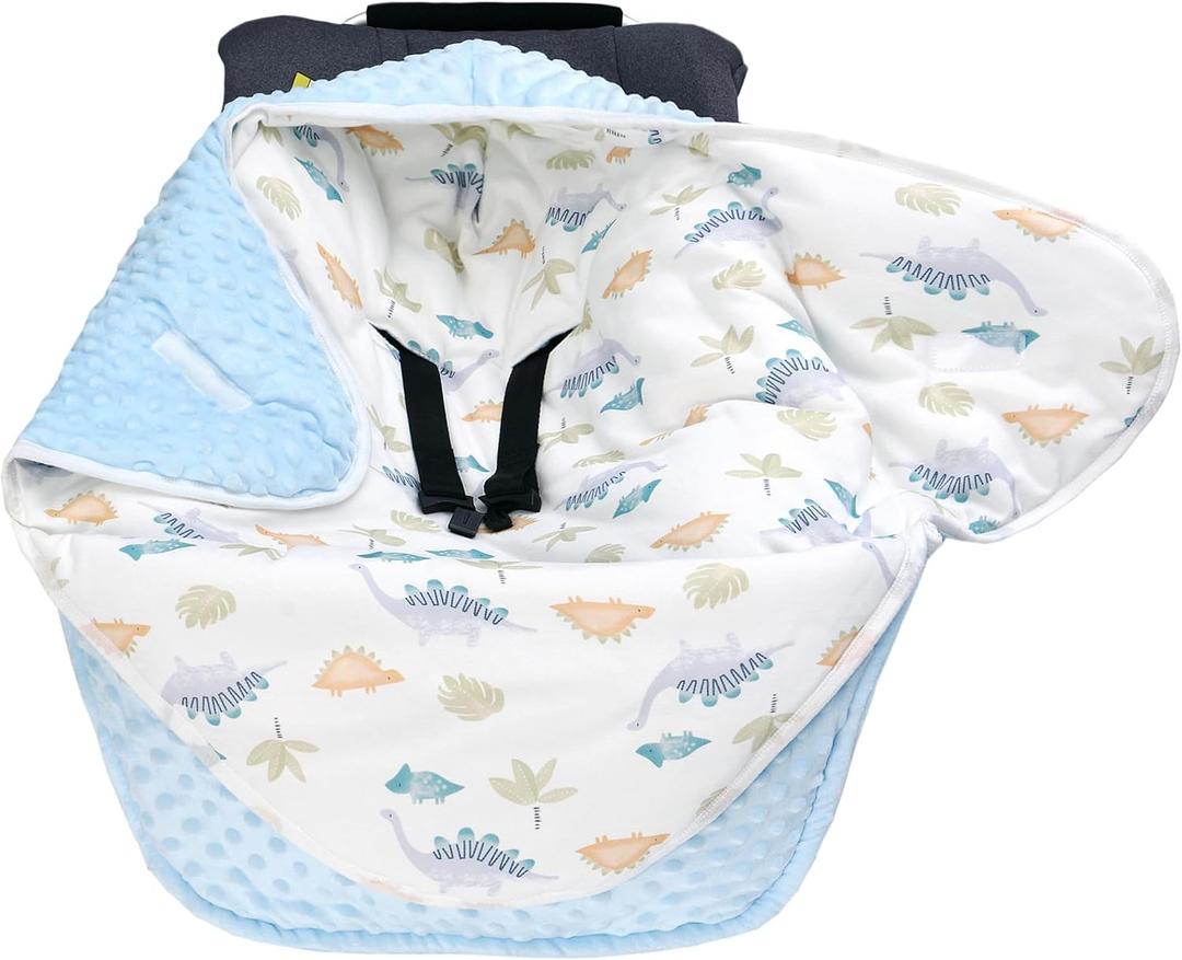 LAT Car Seat Blankets for Babies, Universa Newborn Swaddle Wrap Blanket, Double Sided Cotton/Plush Winter Cover and Stroller Bunting Bag,Baby Footmuff(Leaf Dinosaur+Light Blue)