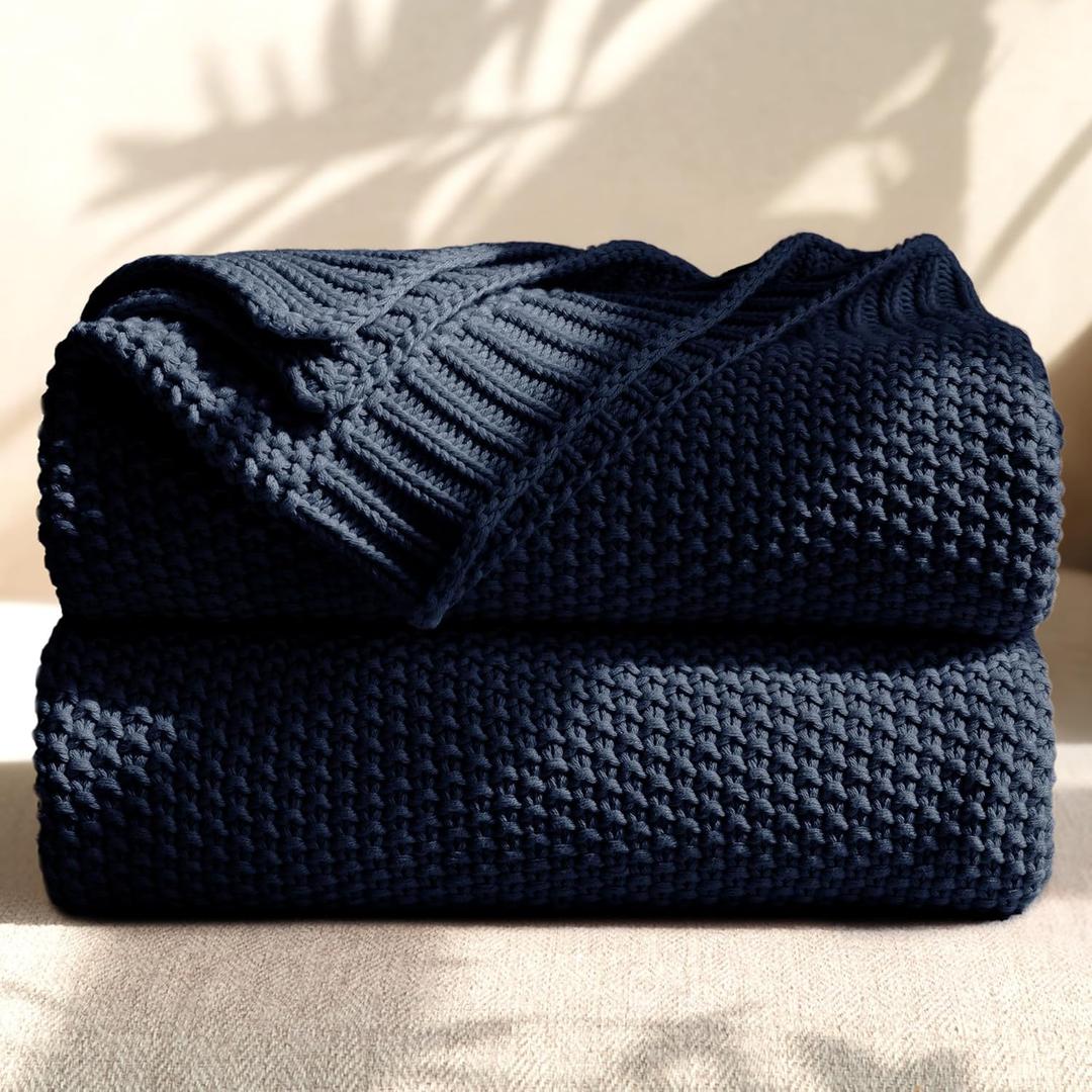 100% Cotton Cable Knit Throw Blanket, Lightweight Soft Knit Blanket for Sofa Couch Bed, Breathable All-Season Throw, Cozy Decorative Blanket, 50 x 60 Inch,Navy