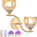 Battery Operated Wall Sconce, 2-Lights Vinatge Brass Wall Lighting with Amber Tluip Shade Rechargeable Bulb with Remote for Living Room, Bedroom (1 pack)