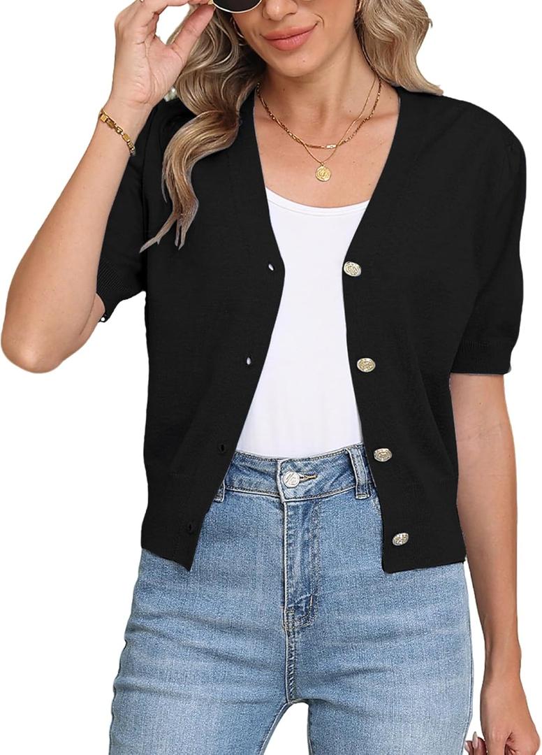 COSSEN Women's Open Front Cardigans Button Down Short Sleeve Summer Trendy Lightweight Crochet Knit Sweaters (A01-black) Small 