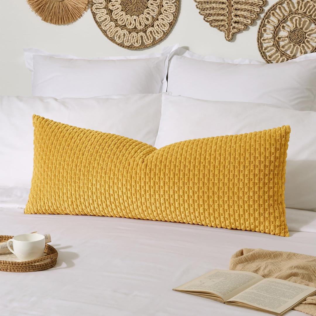 Kevin Textile 14x36 Inch Long Lumbar 1 Pack Boho Decorative Throw Pillow Cover Soft Striped Corduroy Rectangle Cushion Case Farmhouse Solid Color Accent for Living Room Couch Sofa Bed, Mustard Yellow