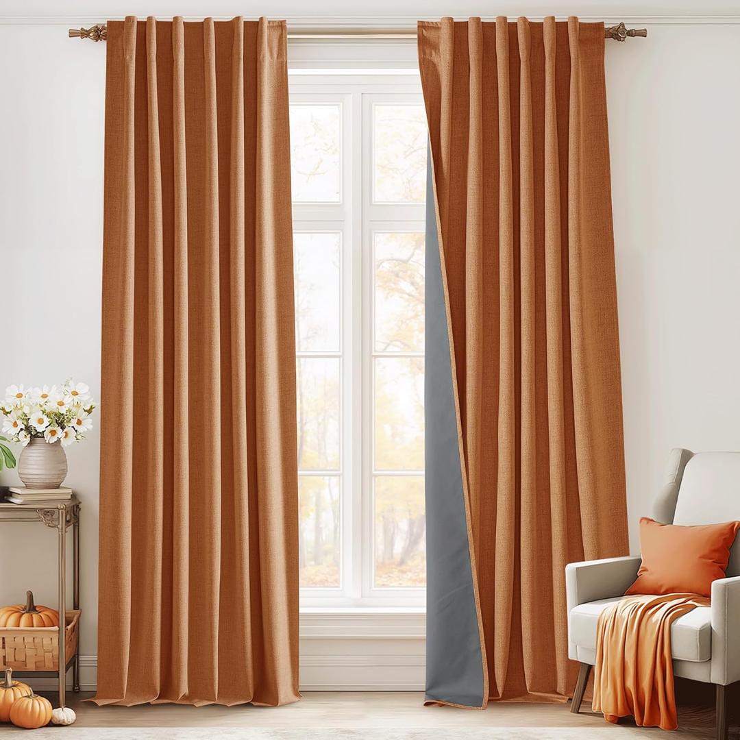 RYB HOME 100% Blackout Fall Curtains for Bedroom Linen Texture, Burnt Orange Curtains for LivingRoom/Office/Sliding Door, Thermal Insulated Farmhouse HomeDecor, Luxury Privacy Drape, W52xL84, 2 Panels