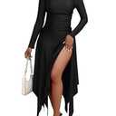 Mojessy Women Sexy Bodycon Maxi Dress Boat Neck Long Sleeve Ruched Waist High Split Long Dress Birthday Outfits Black, Large 