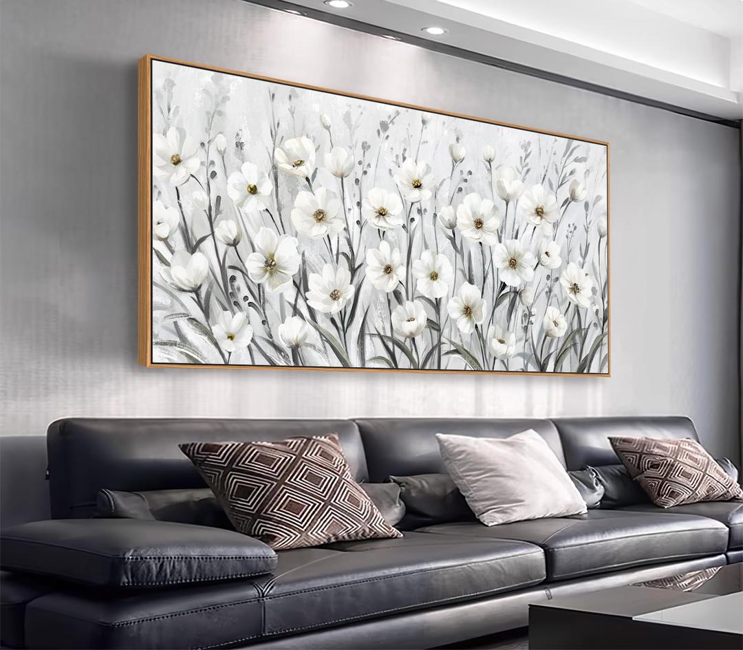 arteWOODS Flowers Framed Wall Art - Grey White Wildflowers Canvas Pictures Wall Decor Botanical Painting Artwork Elegant Floral Prints for Living Room Bedroom Home Decor 58 x 29in Natural Wood Frame