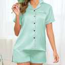 HALCYEEN Women's Satin Short Sleeve Pajama Set Notched Collar Button Down Top and Shorts Comfortable Loungewear(Mint green,XL) (XL)