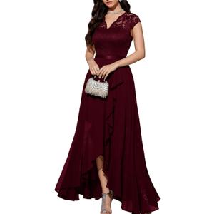Bbonlinedress Hi-Lo Ruffled Split Summer Wedding Guest V-Neck Floral Lace Mother of The Bride Cocktail Prom Party Bridesmaid Dress Burgundy XS