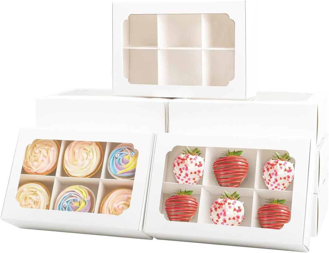 Zealax 9 Inch Bakery Boxes with Window and Dividers Cookie Packaging Small Treats for Gift Giving, Macaron Boxes Treat Boxes for Mini Cupcakes, Chocolate Covered Strawberries, 10 Pack, 9x6x2.5 Inch (White)