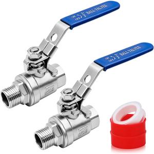 2 Pack 1/2" Ball Valve 304 Stainless Steel Heavy Duty NPT Female x Male Full Port Shut Off Valve with Locking Blue Vinyl Insulation Handle, 2-Piece Construction, 1000WOG for Water, Oil, Gas
