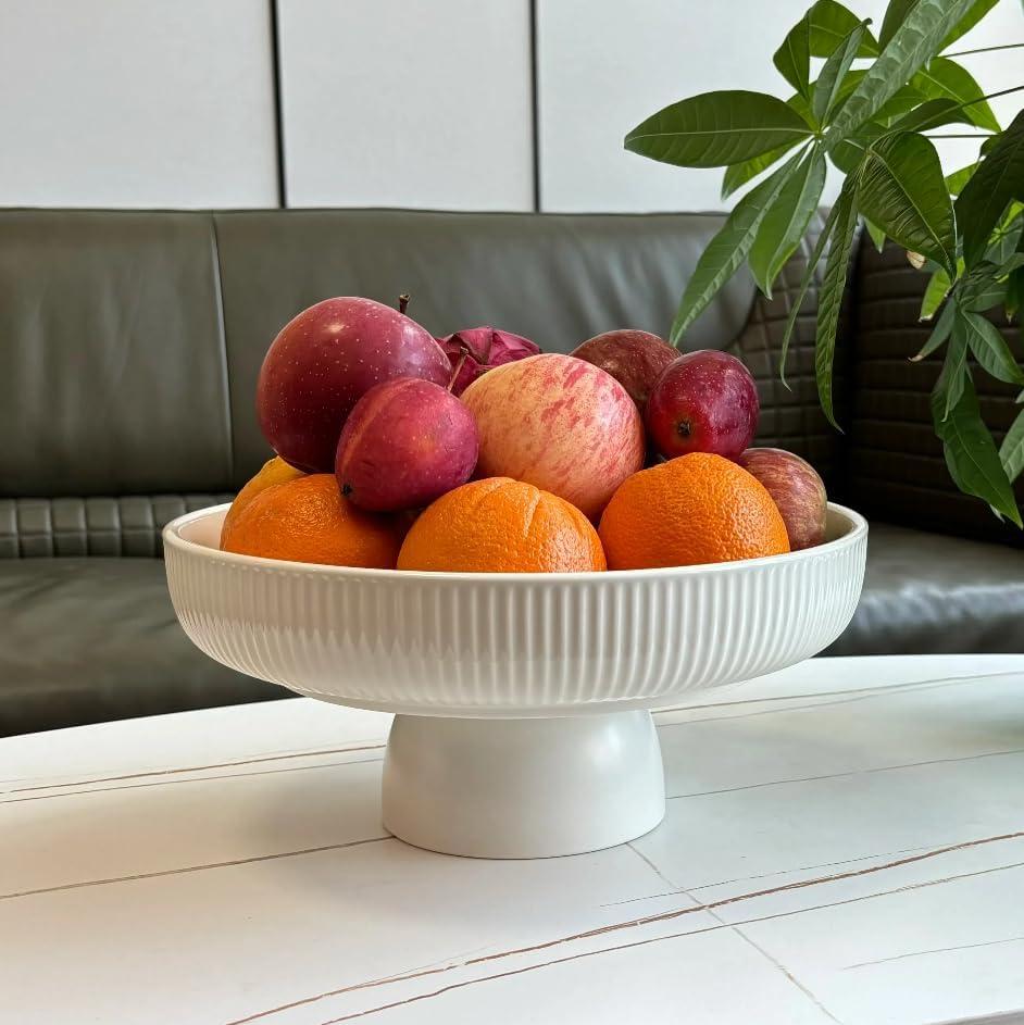 Ceramic Fruit Bowl,11" Decorative Bowl, Large Fruit Bowl for Kitchen Counter, Pedestal Bowl, Kitchen Counter Dcor, Bread Candy Snacks Organizer, White (5.3 lbs, 68oz)