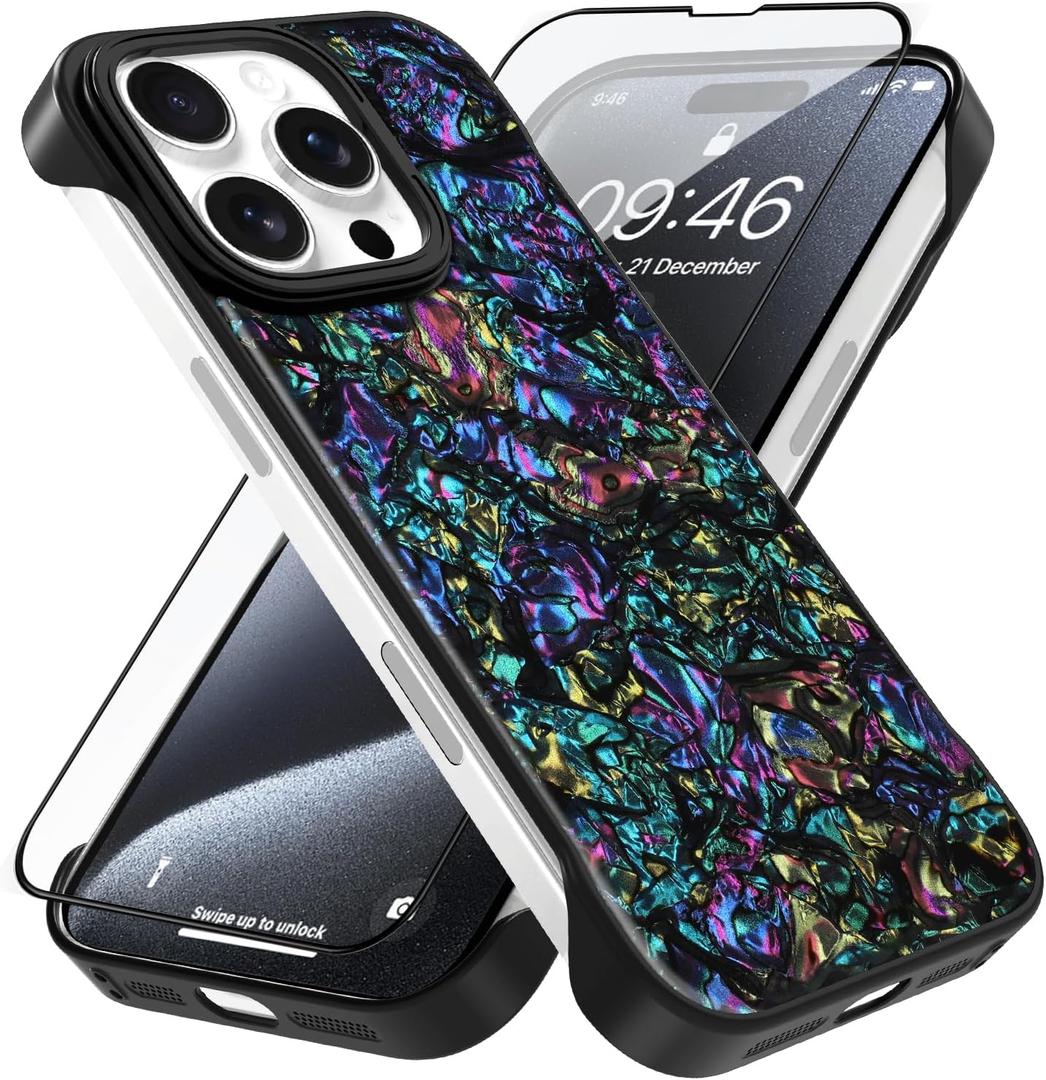 AIGOMARA Slim Frameless for iPhone 15 Pro Max Case with Screen Protector, Luxury Opalescent Pearl Minimalist Borderless Phone Case for Women Girls, Ultra-Thin Hard Shockproof Case Cover, Abalone