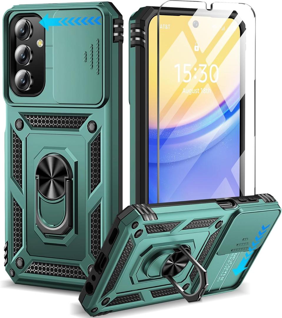 BaHaHoues for Samsung Galaxy A15 5G Case with Screen Protector & Slide Camera Lens Cover,Built-in 360Rotate Magnetic Ring Stand Shockproof Protective Phone Case for Samsung A15 5G Case (Green)