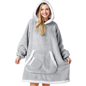 Giggling Getup Wearable Blanket Hoodie for Women and Men Gifts for Women Mom Wife Sherpa Fleece Hooded Blanket Sweatshirt Warm Cozy Sherpa Wearable Throw with Pocket & Sleeves for Adult Standard Gray
