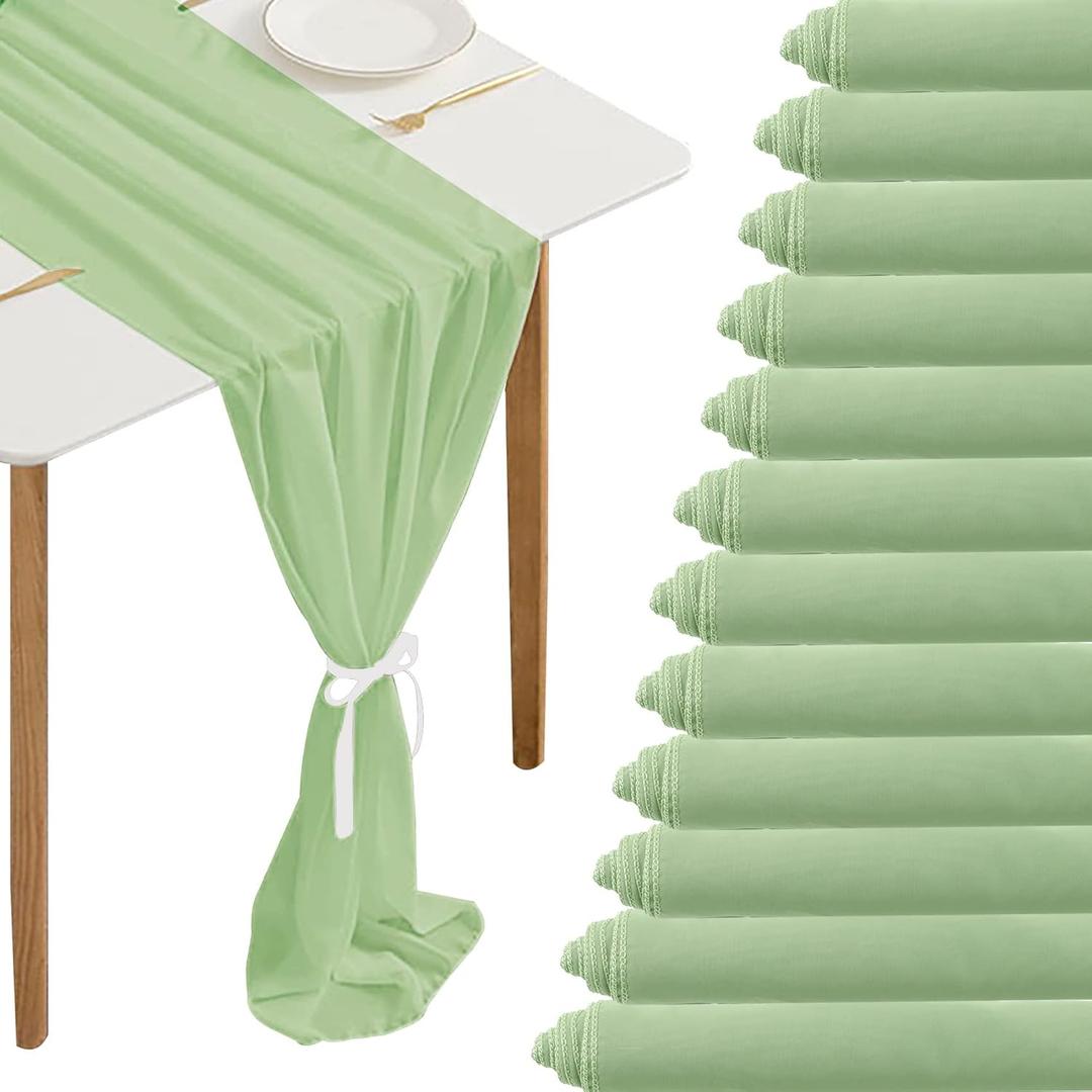 Fivenl 12 Packs 10Ft Chiffon Table Runner 27 x 120 Inches Sage Green Romantic Sheer Table Runner for Wedding Birthday Party Bridal Baby Shower Table Decoration (27" x 120", Sage Green)