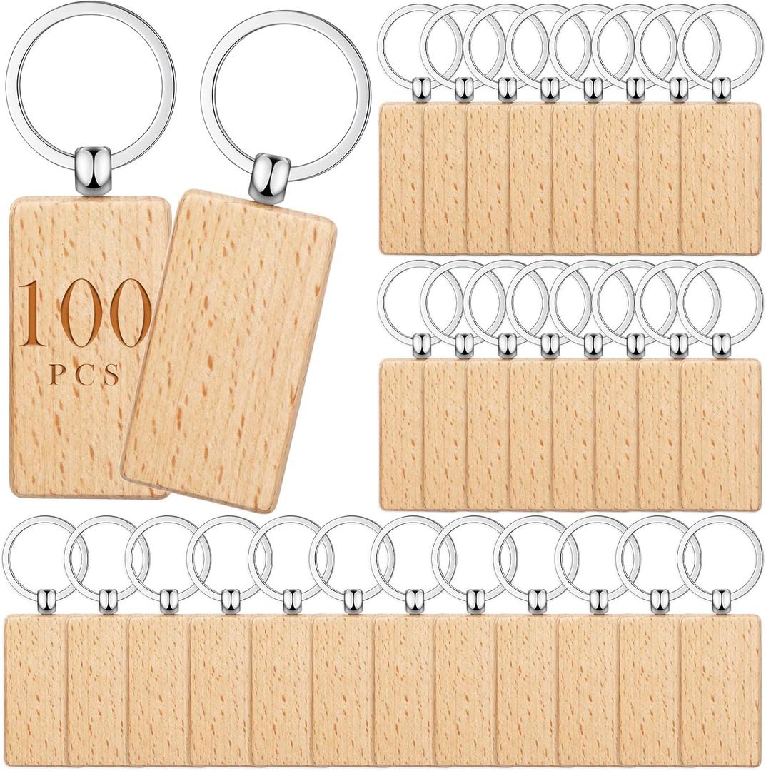 Yinkin 100 Pcs Wooden Keychain Blanks Bulk Laser Engraving Key Chain Unfinished Wooden Key Ring Tag for DIY Gift Crafts (Rectangle)