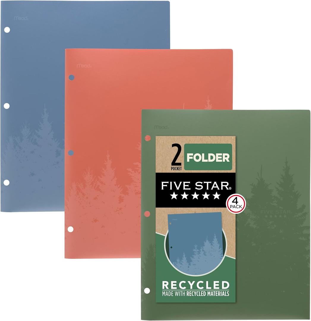 Five Star 2 Pocket Folders, 4 Pack, Recycled Plastic Folders with Stay-Put Tabs and Prong Fasteners, Fits 3-Ring Binder, Holds 11 x 8-1/2 Paper, Writable Label, Clay, Green, Blue, Gray (33002)
