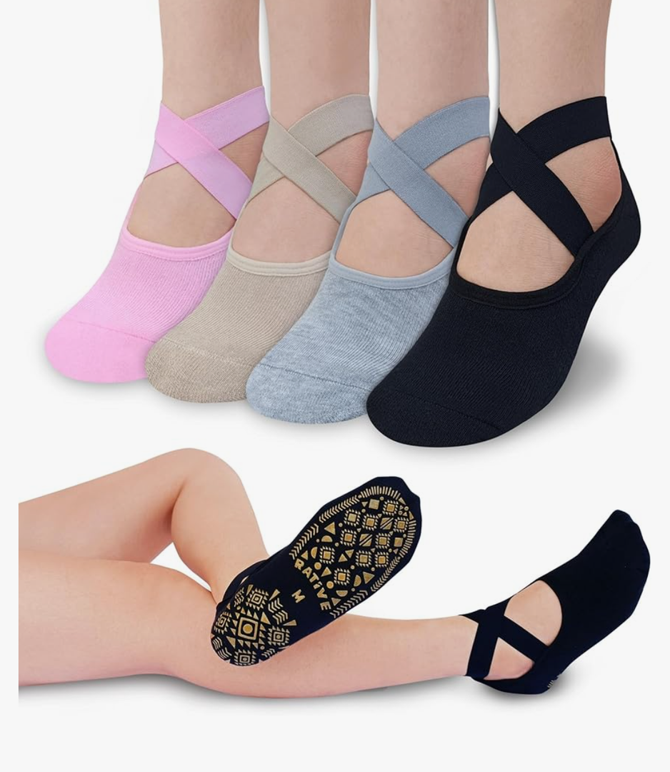 RATIVE X-Cross Straps Anti Slip Non Skid Barre Yoga Pilates Hospital Socks with grips for Mens Womens L