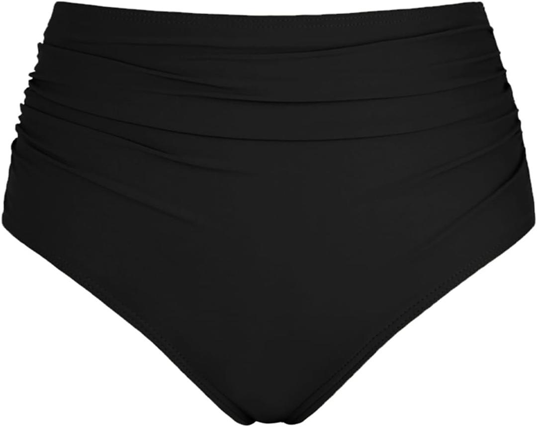 pfarua Women's High Waisted Bikini Bottoms Full Coverage Swimsuit Bottom Ruched Tummy Control Bathing Suit Bottoms (Black, Large)