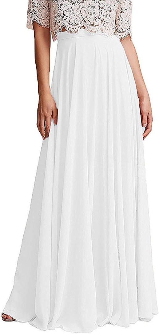 Long Maxi Floor Lengh Chiffon Skirt Elastic High Waist Bridesmaid Skirt (Small-Medium, White)