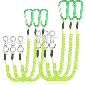 6 Pack Heavy Duty Fishing Lanyard Steel Wire Coiled Lanyard Kayak Retractable Tool Leash Fishing Rod Safety Lanyard Gear Lanyard with Alloy Clips for Pliers Boating (Green)
