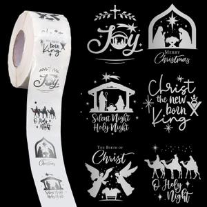 1000Pcs Clear Christmas Stickers Roll Silver Foil Nativity Scene Stickers Xmas Winter Holiday Self Adhesive Label Decals for Envelope Invitation Card Gift Decor, 6 Designs
