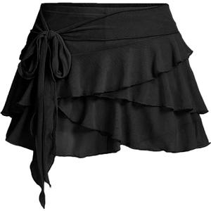 Women's Mini Ruffle Skirt Y2K Cute Mesh Flowy Pleated Layered Skort with Shorts for Casual Party (Black, L)