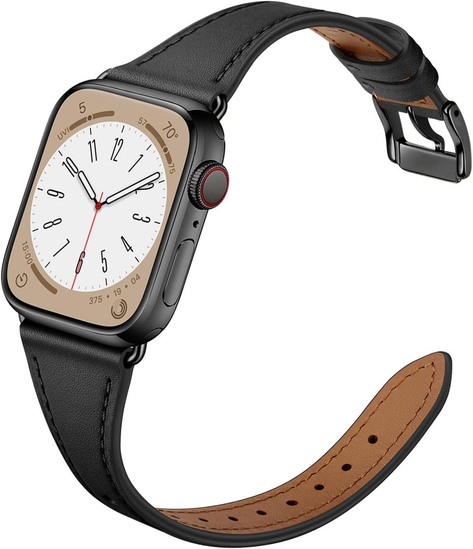 Slim Leather Bands Compatible with Apple Watch Band 46mm/49mm/45mm/44mm/42mm, Genuine Leather Strap for iWatch Series 11/10/9/8/7/6/5/4/3/2/1 SE 3/2/1 Ultra 3 2 1 Women, Black/Black