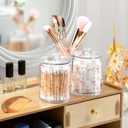 Gredecor 2 Pack Qtip Holder Clear Aesthetic Pink Ribbon Bow Apothecary Jars with Lids Acrylic Bathroom Jars Vanity Countertop Canister Storage Organizer for Cotton Ball,Swabs,Pads,Floss