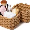 Storage Baskets 2 Pack, Macrame Woven Decorative Baskets for Vanity, Desk, Bathroom & Bedroom Organizer, Small Boho Cotton Rope Bins for Cosmetics, Office Supplies, Cream & Khaki, 7x5.5x5 Inches