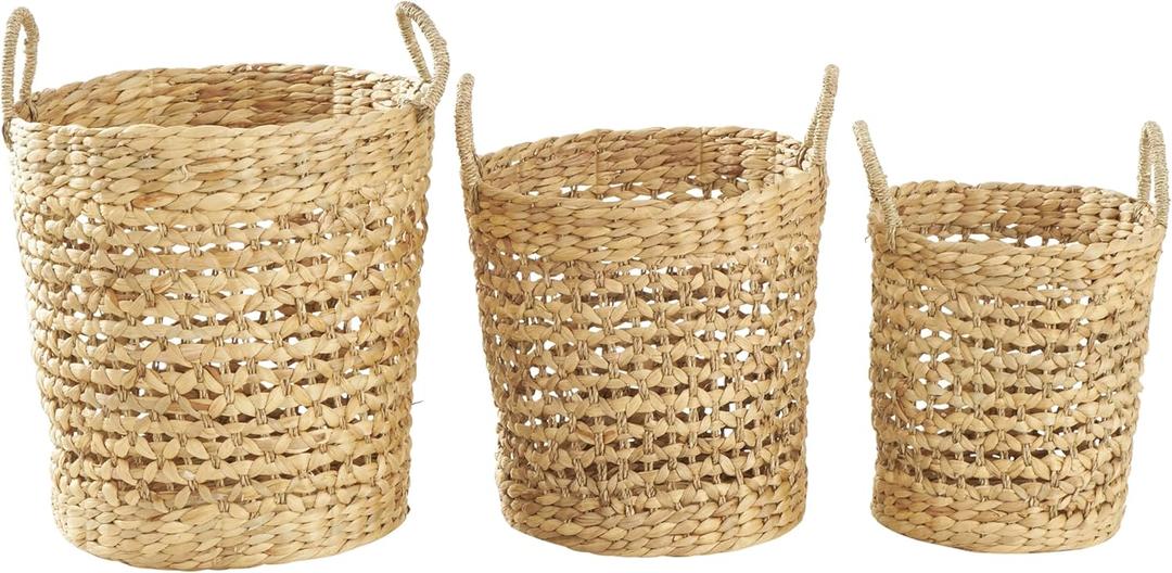 Deco 79 Seagrass Handmade Decorative and Functional Storage Basket Woven Basket Organizer with Handles, Set of 3 Basket for Storage 21", 18", 16"H, Brown