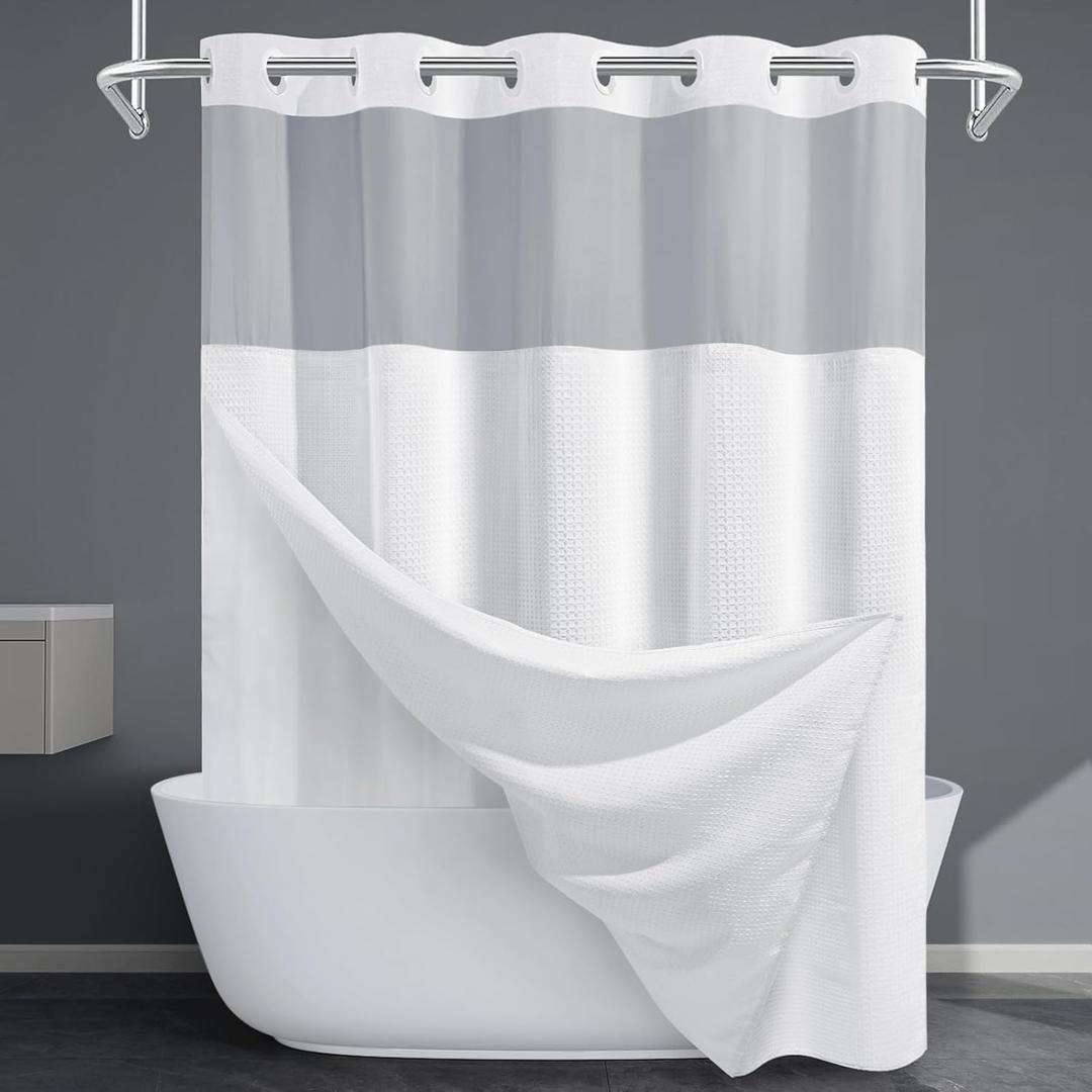 EUTXL Heavyweight Long No Hook Shower Curtain with Snap in Liner,256GSM Waffle Weave Shower Curtains for Bathroom,71W x 80H(78"),White