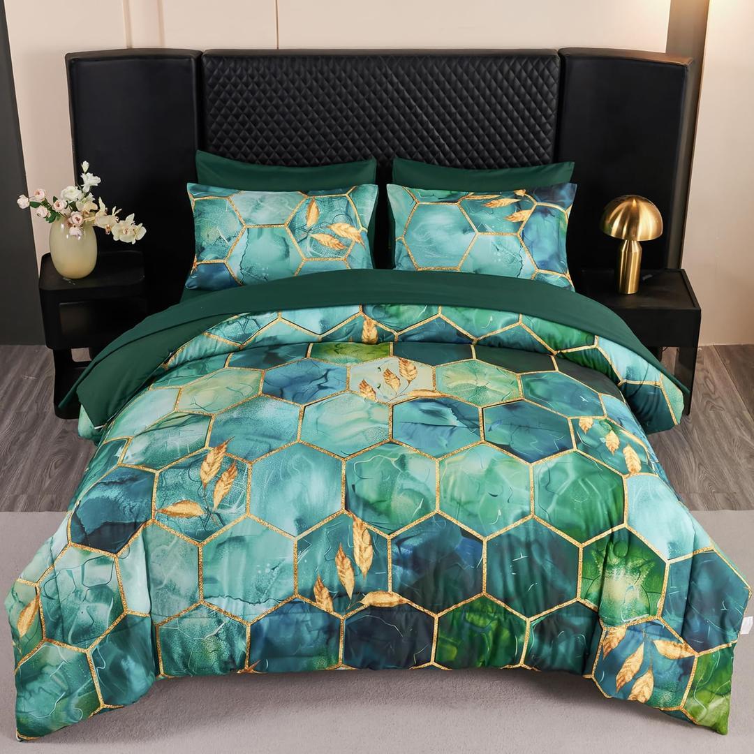 ANGIYUIN 7Pcs Teal Green Marble Comforter Set Full Watercolor Gold Bedding Set Geometric Honeycomb Printed Bed Sets Luxury Gold Leaves Bed in A Bag for Women Men(Full Teal Green)