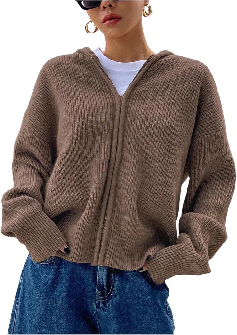 SOLY HUX Zip Up Cardigan for Women Hooded Cardigan Sweater Knitted Drop Shoulder Fall Clothes Winter Hoodies Outerwear (Small, Coffee Brown)
