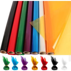 CMFYHM 7 Rolls Colored Cellophane Wrap Roll (34 in x 16.4 ft x 7 Colors) Extra Wide Cellophane Roll Transparent Color Cellophane Gift Wrapping for Gift Baskets,Flowers, DIY Craft,Baby Shower,