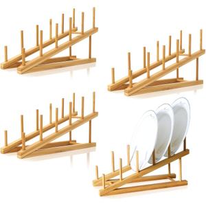 4 PCS Wooden Dish Drying Rack Bamboo Plate Dish Rack Stand Kitchen Cabinet Organizer Pot Lid Holder for Plate, Dish, Cup, Cutting Board, Bowl, Pot Lid