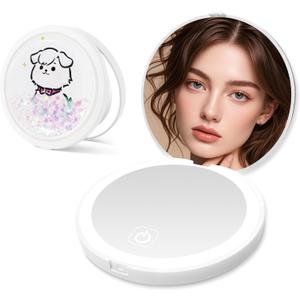 3 x Small Compact Mirror with Light, 1X/3X Magnification Travel Makeup Mirror, 3 Color, Dimmable Up, 3.14 inch Pocket Mirror, Folding, 2-Sided, Round Quicksand Mini MirrorBlue