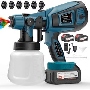 Paint Sprayer, 650W Cordless with 2 X 4.0mAh 21V Battery, All Copper Motor 6 Nozzles & 3 Spray Modes, 1000ml Container, Paint Sprayer Gun for House Painting, Ideal for Fence Cabinets Wall