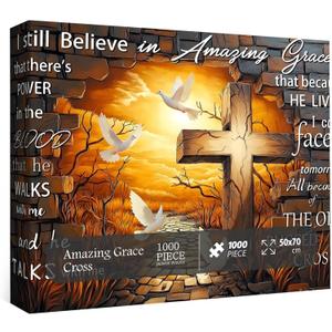 Jesus Cross Jigsaw Puzzles 1000 Pieces, PICKFORU Amazing Grace Cross Jigsaw Puzzle 1000 Pieces, Christian Bible Religious Puzzles for Adults, Bird Catholic Puzzle Christian Faith Inspirational