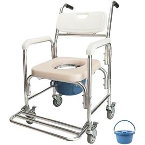 Bedside Commode Wheelchair, 4 in 1 Shower Commode Chair Rolling Transport Chair Toilet with Arms, Mobile Toilet Portable Adult Potty Chair for Seniors, Elderly, Disabled, Bariatric, Pregnant Women