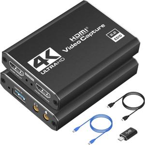 4K HDMI Capture Card USB 3.0  1080P 60FPS Gaming & Streaming Video Capture Card with HDMI Loop-Out, Plug & Play, Low-Latency Recording for PS5/PS4/Xbox/Switch/OBS/PC/Mac