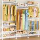 ULIFHOME M6 Clothes Rack for Wall Mounted, Heavy Duty Closet Wardrobe System with 8 Shelves and 4 Hanger Rods, 68.5" W x 11.8" D x 86.6" H Clothing Storage Organizer for Holding 1064lbs, White
