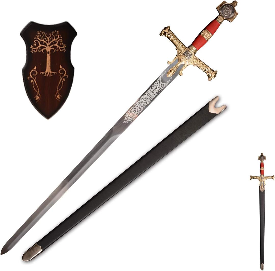 Sword fort 48.8" KingSolomon Sword Real Metal,All-Metal MaterialClassic Medieval Knight Arming Sword Biblical Swords-Red/Brown