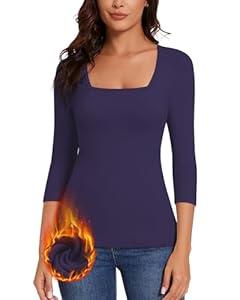 WOWENY Thermal Shirts for Women Square Neck Fleece Lined 3/ 4 Sleeve Tops Base Layer Soft Warm Underwear Cold Weather Blue L