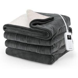 Sunbeam Electric Royal Luxe Microplush Reverse Sherpa Heated Blanket, 12 Heat Settings, 12-Hour Selectable Auto Shut-Off, Fast Heating, Warm and Cozy, Night Fog, Full, 84" x 72"