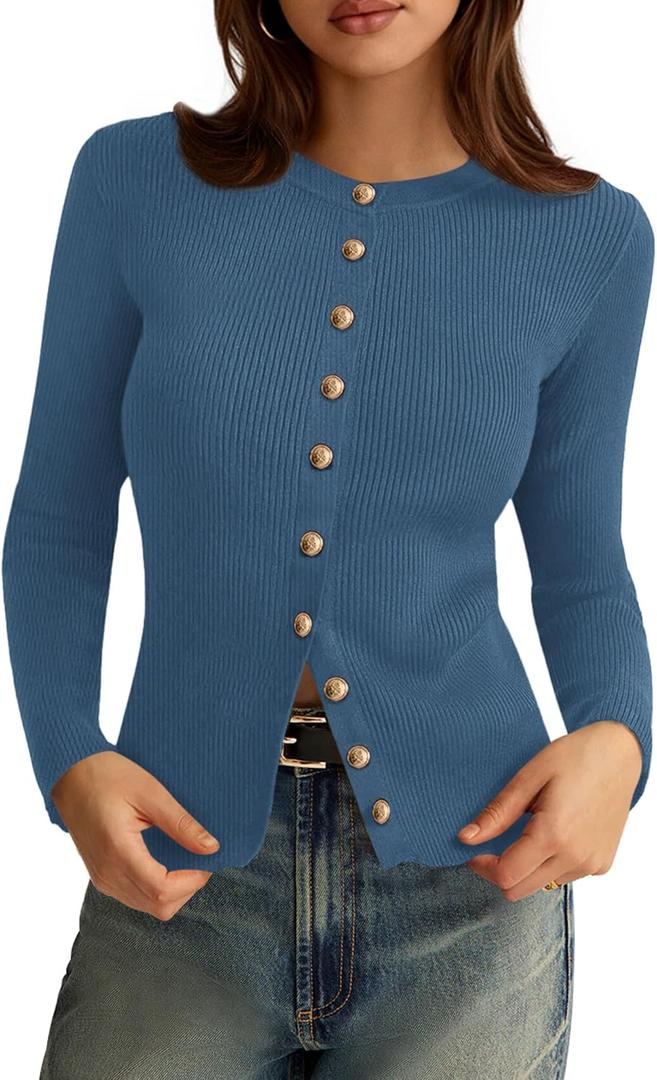 PRETTYGARDEN Womens 2025 Fall Cardigan Sweaters Lightweight Long Sleeve Button up Ribbed Knit Tops Winter Fashion Clothes (M)