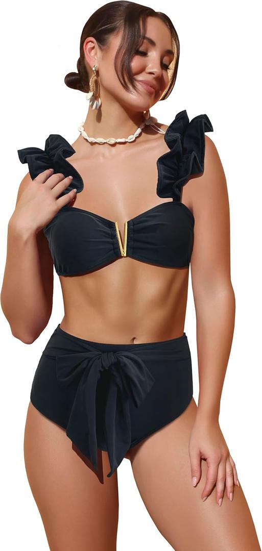 SPORLIKE Women High Waisted Swimsuit Flounce Straps Bikini Bathing Suit (Medium, Black-2)