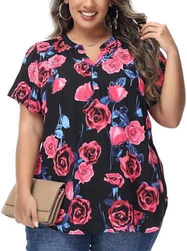 MCEDAR Women's Plus Size Chiffon Blouse Short Sleeve Split V Neck Floral Casual Summer Dressy Work Tops, XL MCEDAR Women's Plus Size Chiffon Blouse Short Sleeve Split V Neck Floral Casual Summer Dressy Work Tops, XL