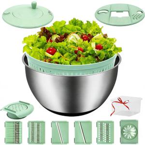5.3QT Salad Spinner Large,Stainless Steel Lettuce Spinner,Fruit Vegetables Wash Bowl with 5 Blade Slicer,Egg Yolk Strainer Slicer Shredder,Kitchen Colander for Salad Make and Food Washing