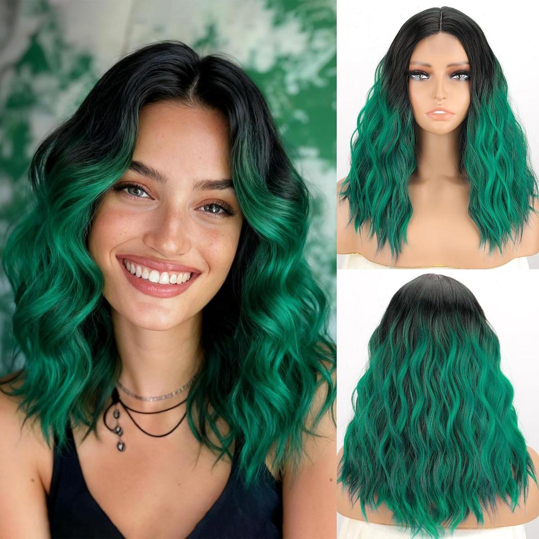 MISSQUEEN Ombre Green Wavy Wig for Women Lace Hairline Short Bob Style Synthetic Heat-resistant Natural Realistic Wig for Everyday Hairstyle Cosplay Party Halloween Use-18inch