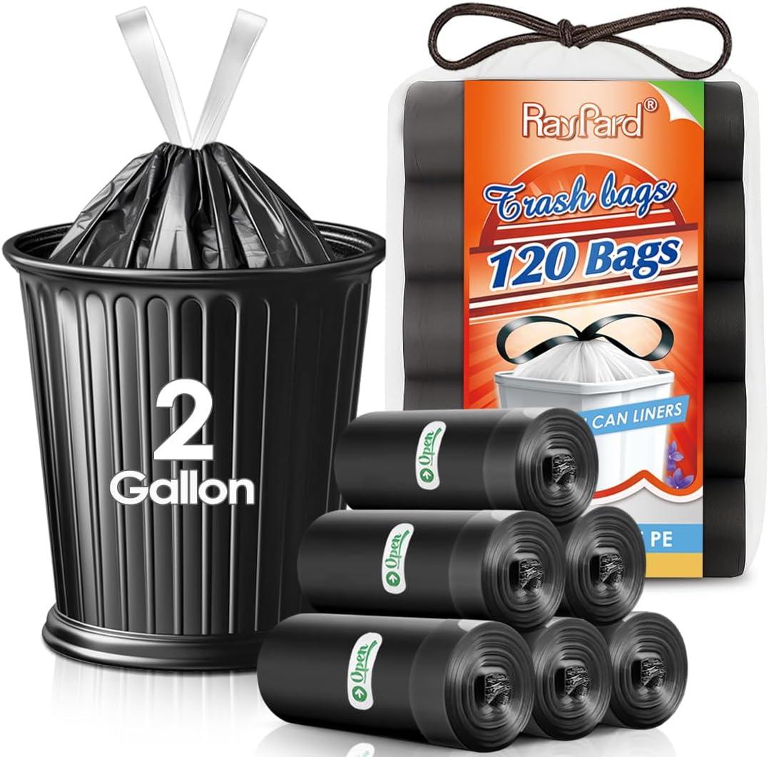 2 Gallon 120 Counts Strong Drawstring Trash Bags Garbage Bags by RayPard, Small Trash Bin Liners for Home Office Kitchen Bathroom Bedroom, Black