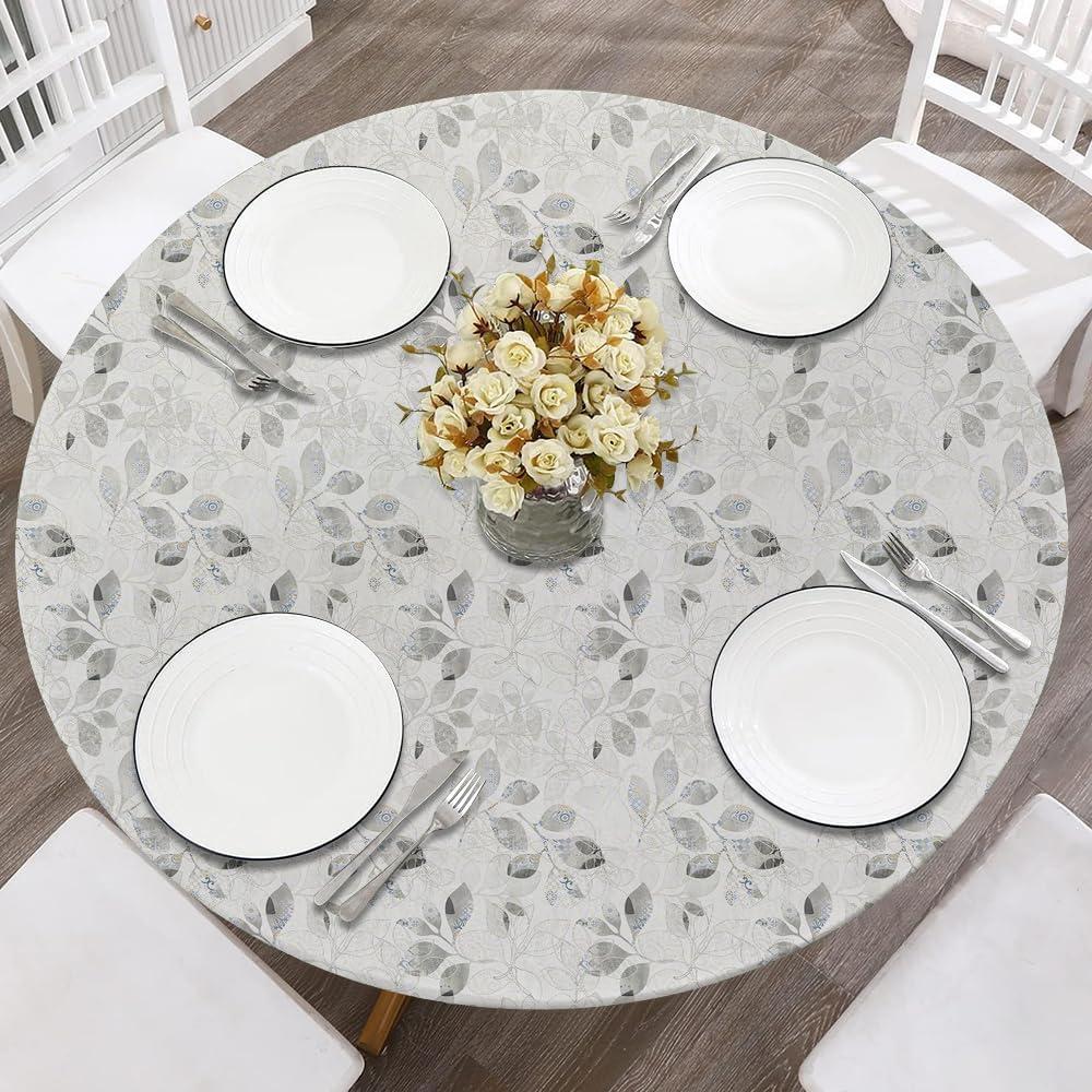 Modern Grey Blue Geometric Leaf Ethnic Flowers Round Fitted Tablecloth with Elastic Edge Waterproof Oil Proof Table Cover Cloth Round Tables for Dinner, Outdoor, Picnic(Fitted to 36"-44" Diameter)